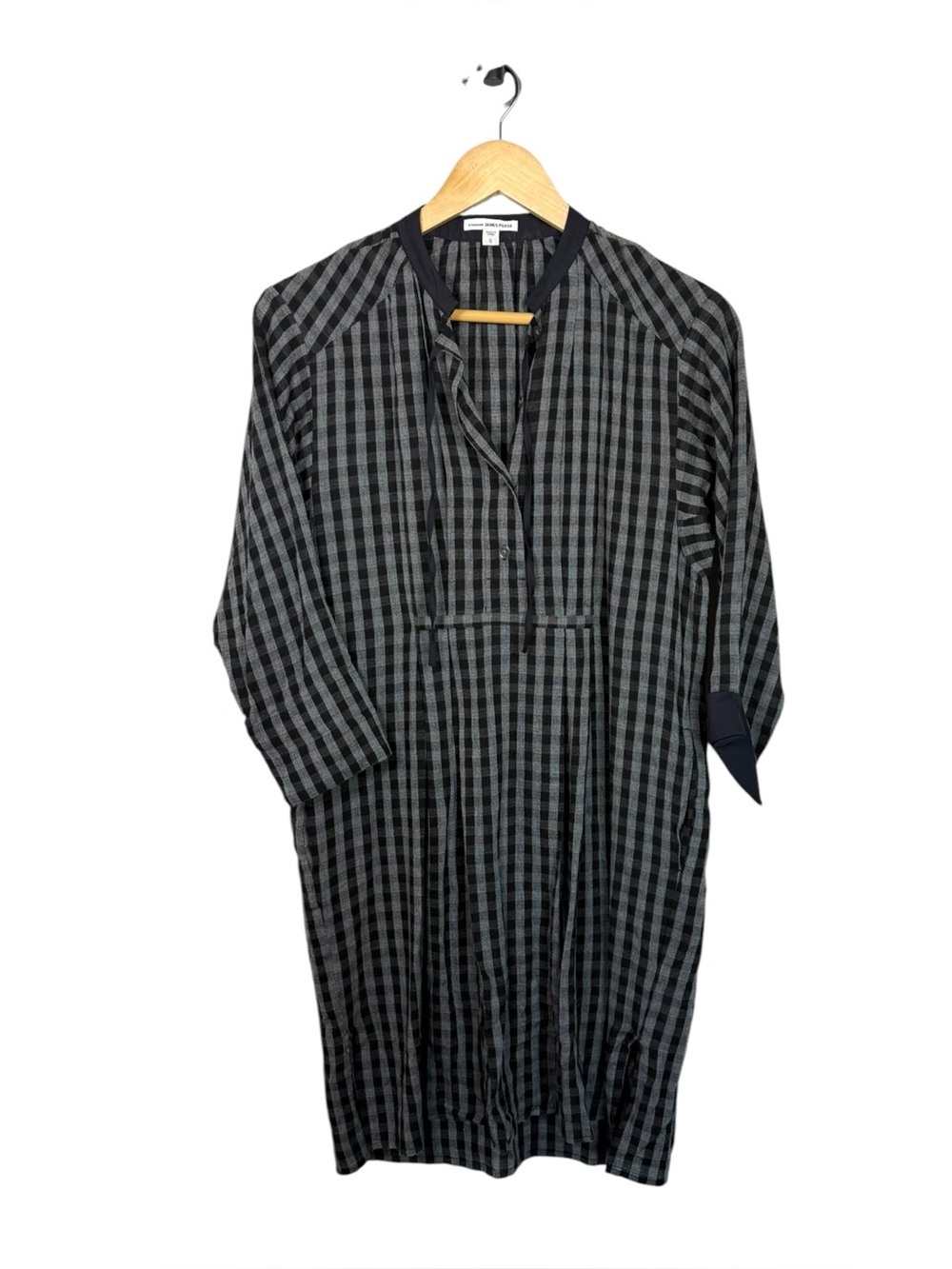 James Perse Gingham Shirt Dress Gray Black Button Front Pocket Wool Blend XS